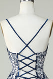 A Line Navy Corset Homecoming Dress with Appliques Cocktail Prom Dresses