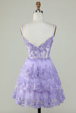 Sparkly Spaghetti Straps Sequins Purple Tiered Homecoming Dress Prom Cocktail Gowns