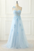 Sky Blue Tulle A-line One Shoulder Prom Dress with Appliques Formal Evening Dresses