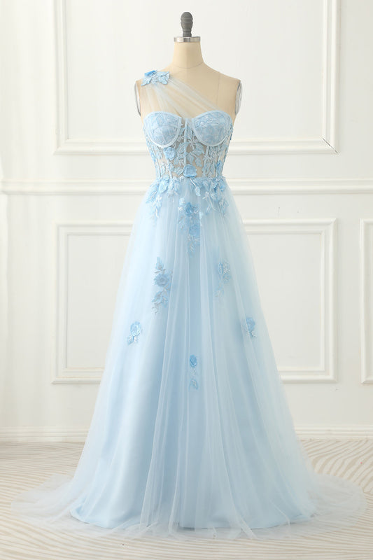 Sky Blue Tulle A-line One Shoulder Prom Dress with Appliques Formal Evening Dresses