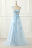 Sky Blue Tulle A-line One Shoulder Prom Dress with Appliques Formal Evening Dresses