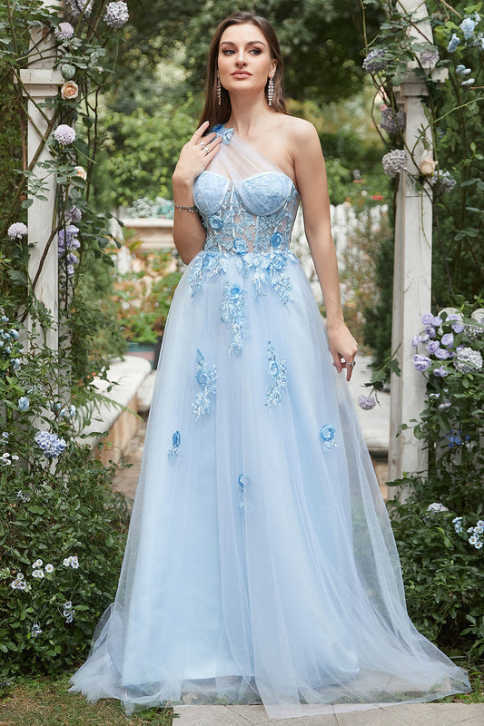 Sky Blue Tulle A-line One Shoulder Prom Dress with Appliques Formal Evening Dresses