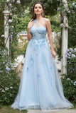 Sky Blue Tulle A-line One Shoulder Prom Dress with Appliques Formal Evening Dresses