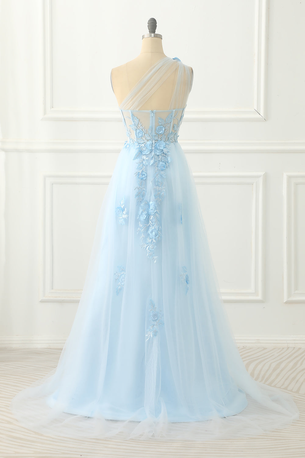 Sky Blue Tulle A-line One Shoulder Prom Dress with Appliques Formal Evening Dresses