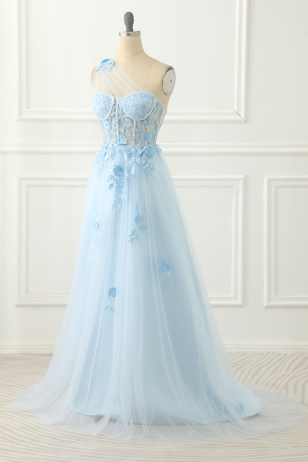 Sky Blue Tulle A-line One Shoulder Prom Dress with Appliques Formal Evening Dresses