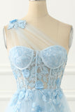 Sky Blue Tulle A-line One Shoulder Prom Dress with Appliques Formal Evening Dresses
