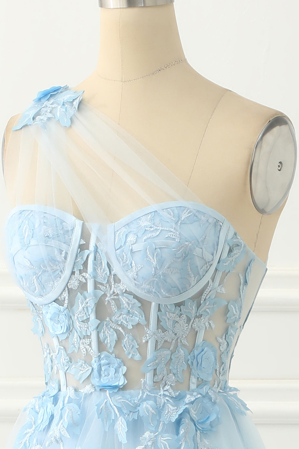 Sky Blue Tulle A-line One Shoulder Prom Dress with Appliques Formal Evening Dresses