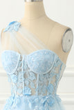 Sky Blue Tulle A-line One Shoulder Prom Dress with Appliques Formal Evening Dresses