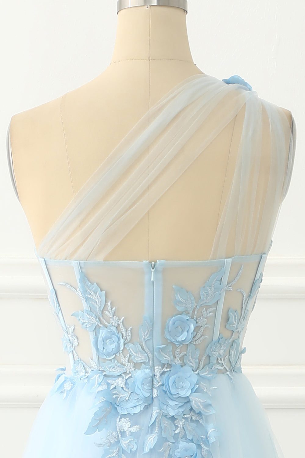 Sky Blue Tulle A-line One Shoulder Prom Dress with Appliques Formal Evening Dresses