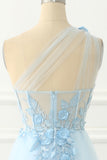 Sky Blue Tulle A-line One Shoulder Prom Dress with Appliques Formal Evening Dresses