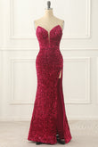 Hot Pink Pailletten Meerjungfrau Ballkleid mit Schlitz vorne Formelle Abendkleider