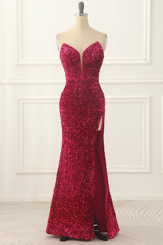 Hot Pink Pailletten Meerjungfrau Ballkleid mit Schlitz vorne Formelle Abendkleider