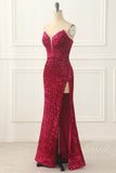 Hot Pink Pailletten Meerjungfrau Ballkleid mit Schlitz vorne Formelle Abendkleider