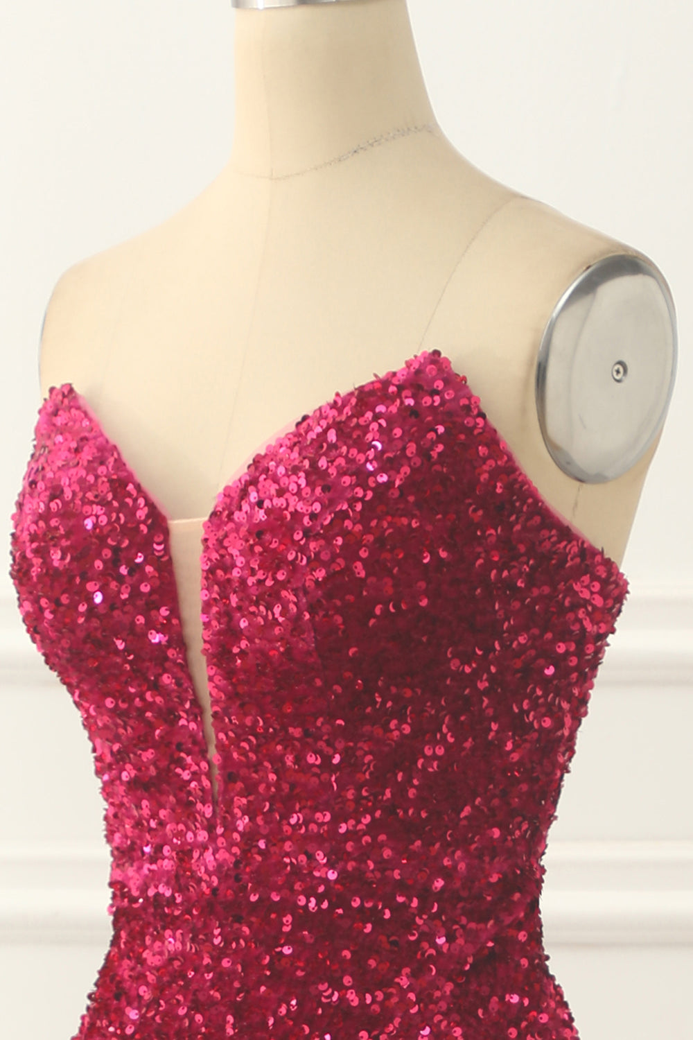 Hot Pink Pailletten Meerjungfrau Ballkleid mit Schlitz vorne Formelle Abendkleider