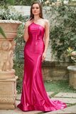 One-Shoulder Hot Pink Satin Rückenfreies Langes Ballkleid Formelle Abendkleider