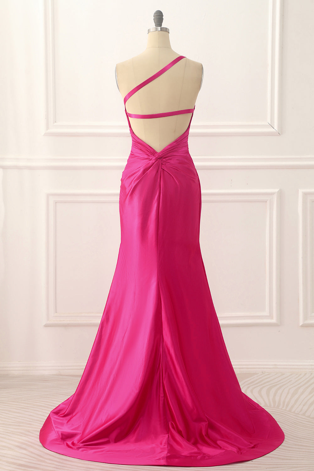 One-Shoulder Hot Pink Satin Rückenfreies Langes Ballkleid Formelle Abendkleider