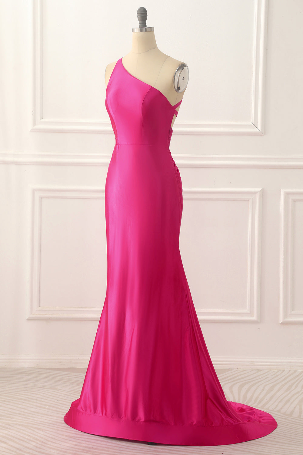 One-Shoulder Hot Pink Satin Rückenfreies Langes Ballkleid Formelle Abendkleider