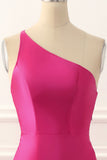 One-Shoulder Hot Pink Satin Rückenfreies Langes Ballkleid Formelle Abendkleider