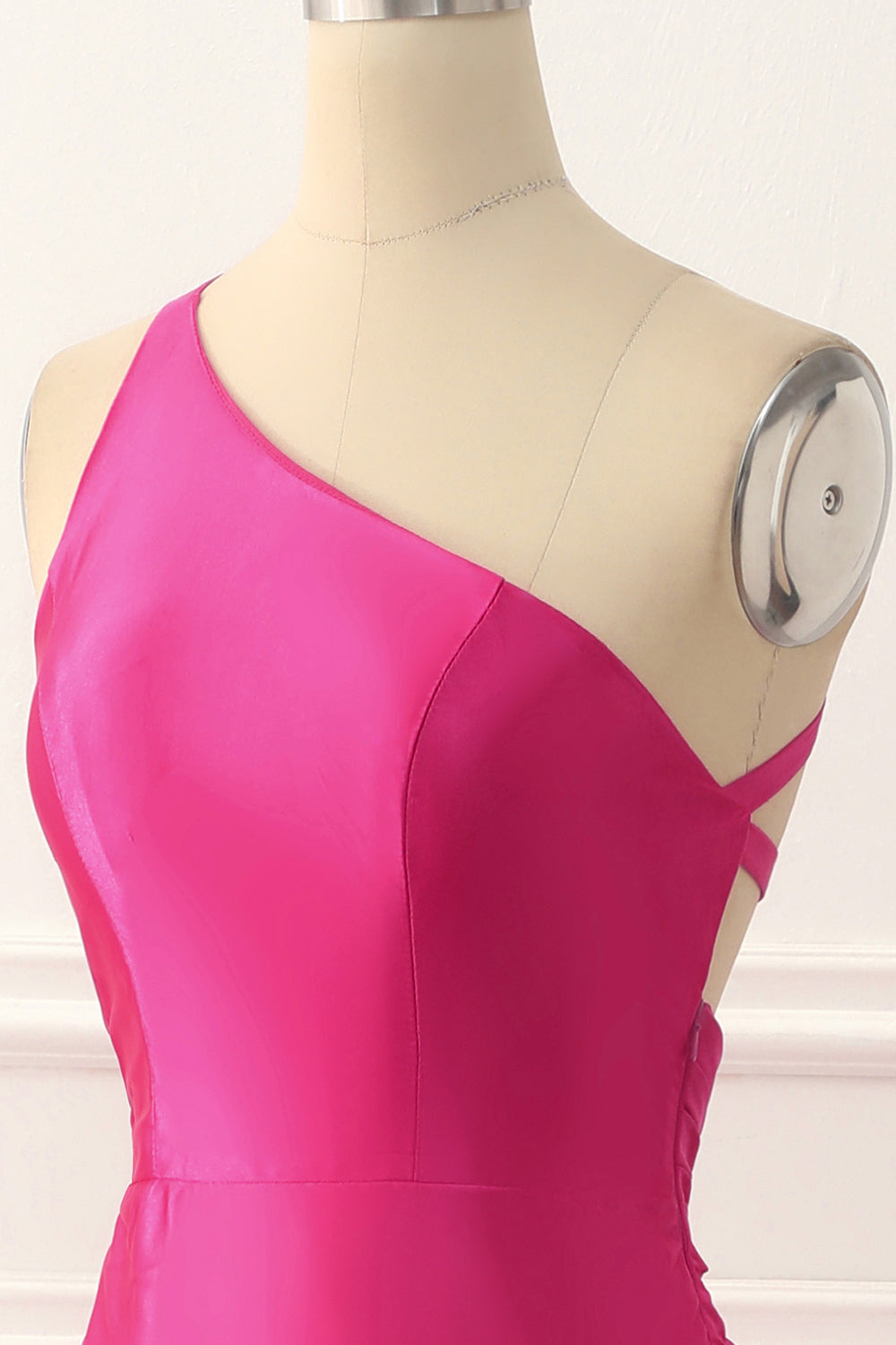 One-Shoulder Hot Pink Satin Rückenfreies Langes Ballkleid Formelle Abendkleider