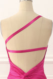 One-Shoulder Hot Pink Satin Rückenfreies Langes Ballkleid Formelle Abendkleider
