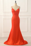 Orange Spaghettiträger Satin Langes Ballkleid Formelle Abendkleider