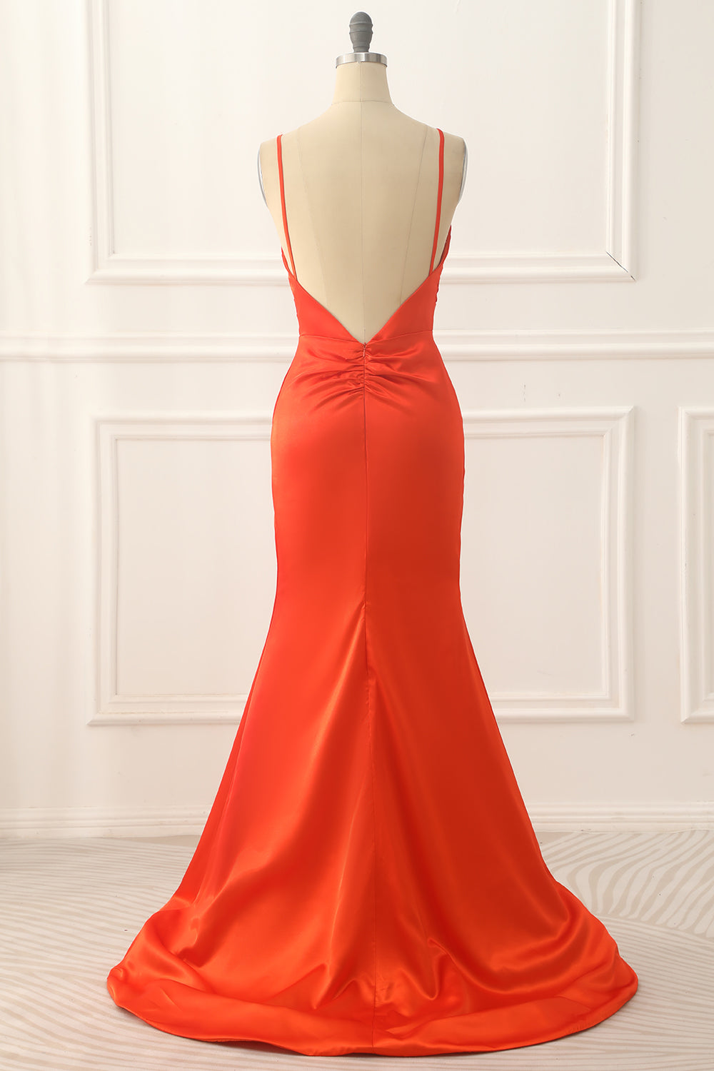 Orange Spaghettiträger Satin Langes Ballkleid Formelle Abendkleider