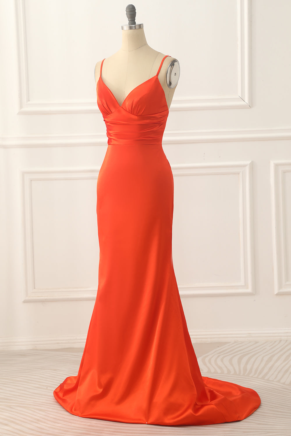 Orange Spaghettiträger Satin Langes Ballkleid Formelle Abendkleider