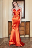 Orange Spaghettiträger Satin Langes Ballkleid Formelle Abendkleider