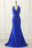 Königsblaues Neckholder-Ballkleid aus Satin mit Schleife, formelle Abendkleider