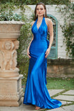 Königsblaues Neckholder-Ballkleid aus Satin mit Schleife, formelle Abendkleider