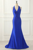Königsblaues Neckholder-Ballkleid aus Satin mit Schleife, formelle Abendkleider