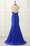 Königsblaues Neckholder-Ballkleid aus Satin mit Schleife, formelle Abendkleider