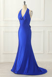 Königsblaues Neckholder-Ballkleid aus Satin mit Schleife, formelle Abendkleider