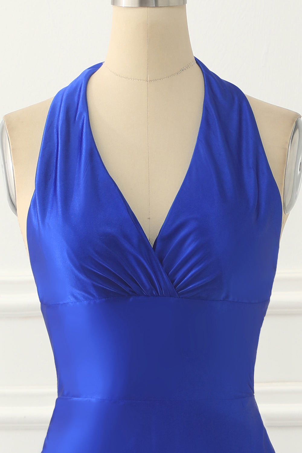 Königsblaues Neckholder-Ballkleid aus Satin mit Schleife, formelle Abendkleider