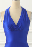 Königsblaues Neckholder-Ballkleid aus Satin mit Schleife, formelle Abendkleider