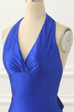 Königsblaues Neckholder-Ballkleid aus Satin mit Schleife, formelle Abendkleider