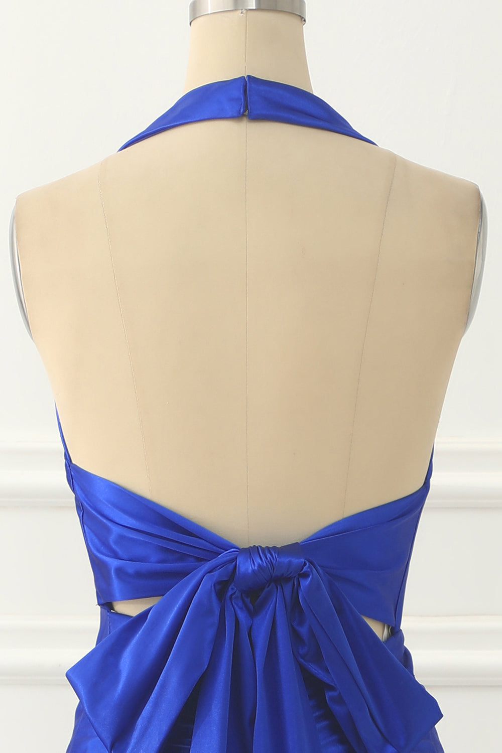 Königsblaues Neckholder-Ballkleid aus Satin mit Schleife, formelle Abendkleider