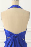 Königsblaues Neckholder-Ballkleid aus Satin mit Schleife, formelle Abendkleider