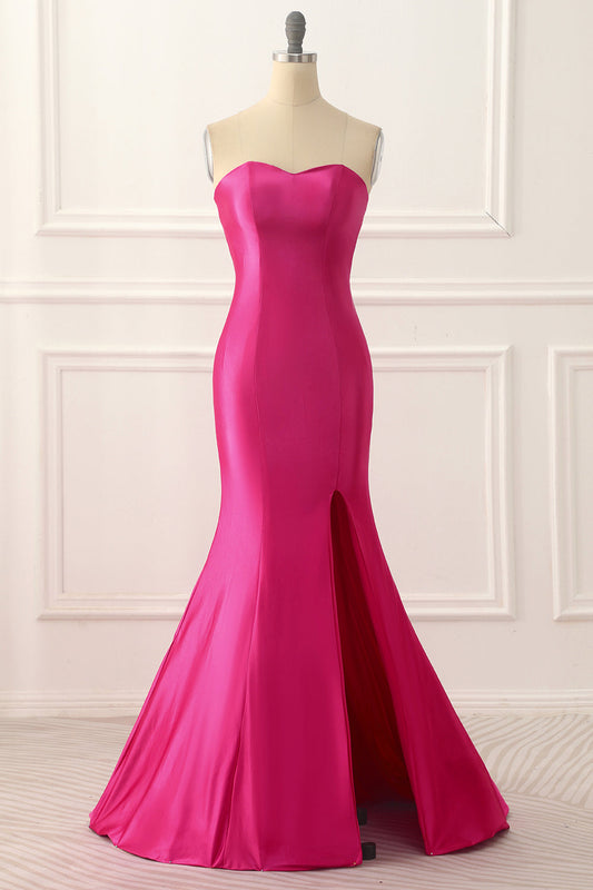 Fuchsia Satin Meerjungfrau Ballkleid mit Schlitz vorne Formelle Abendkleider