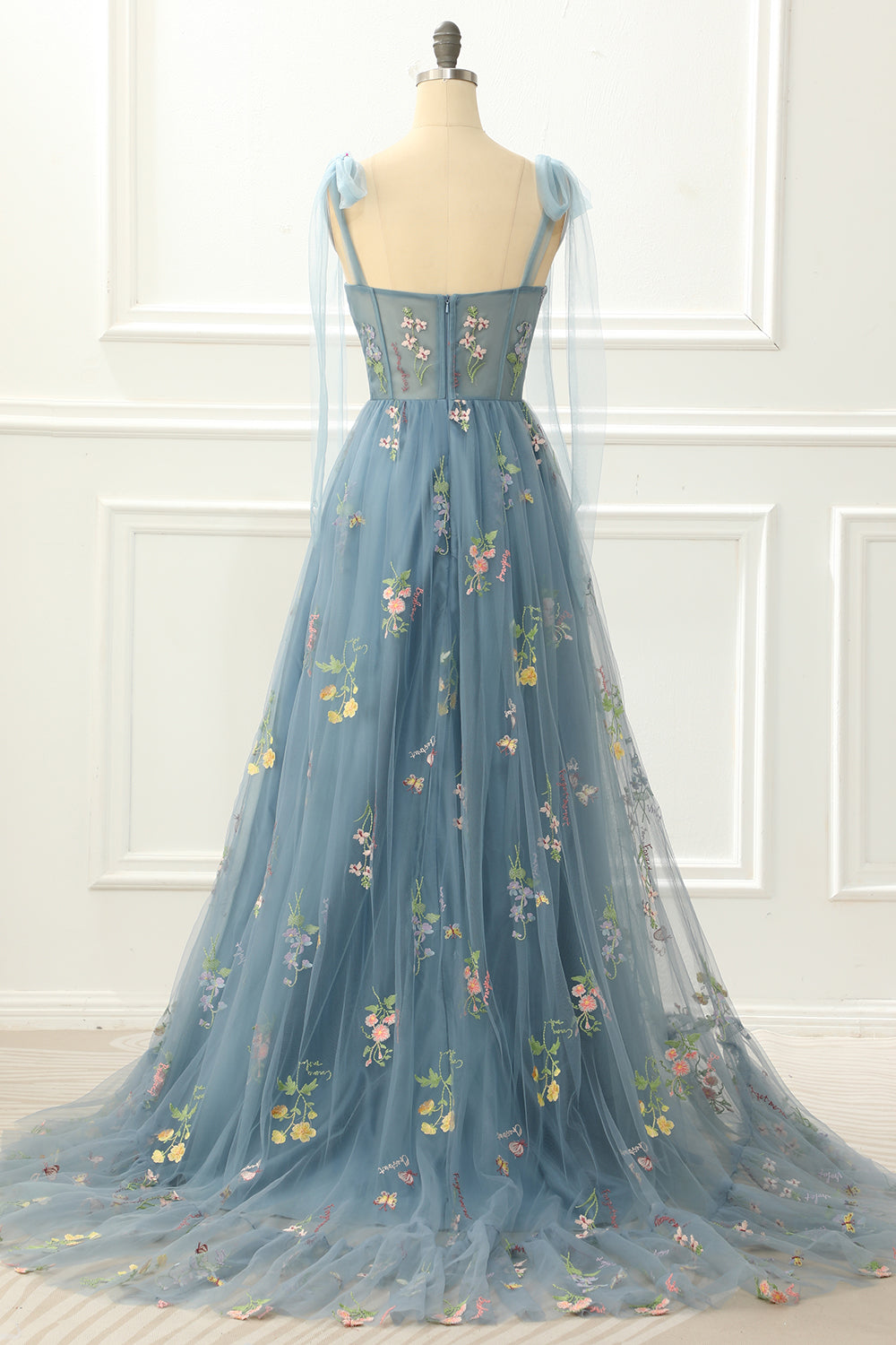 grey blue long prom dress with embroidery Zapaka Women Grey Blue Plus Size Prom Dress with Sequins A Line Deep V Neck Open Back Formal Dress, Grey Blue / US8