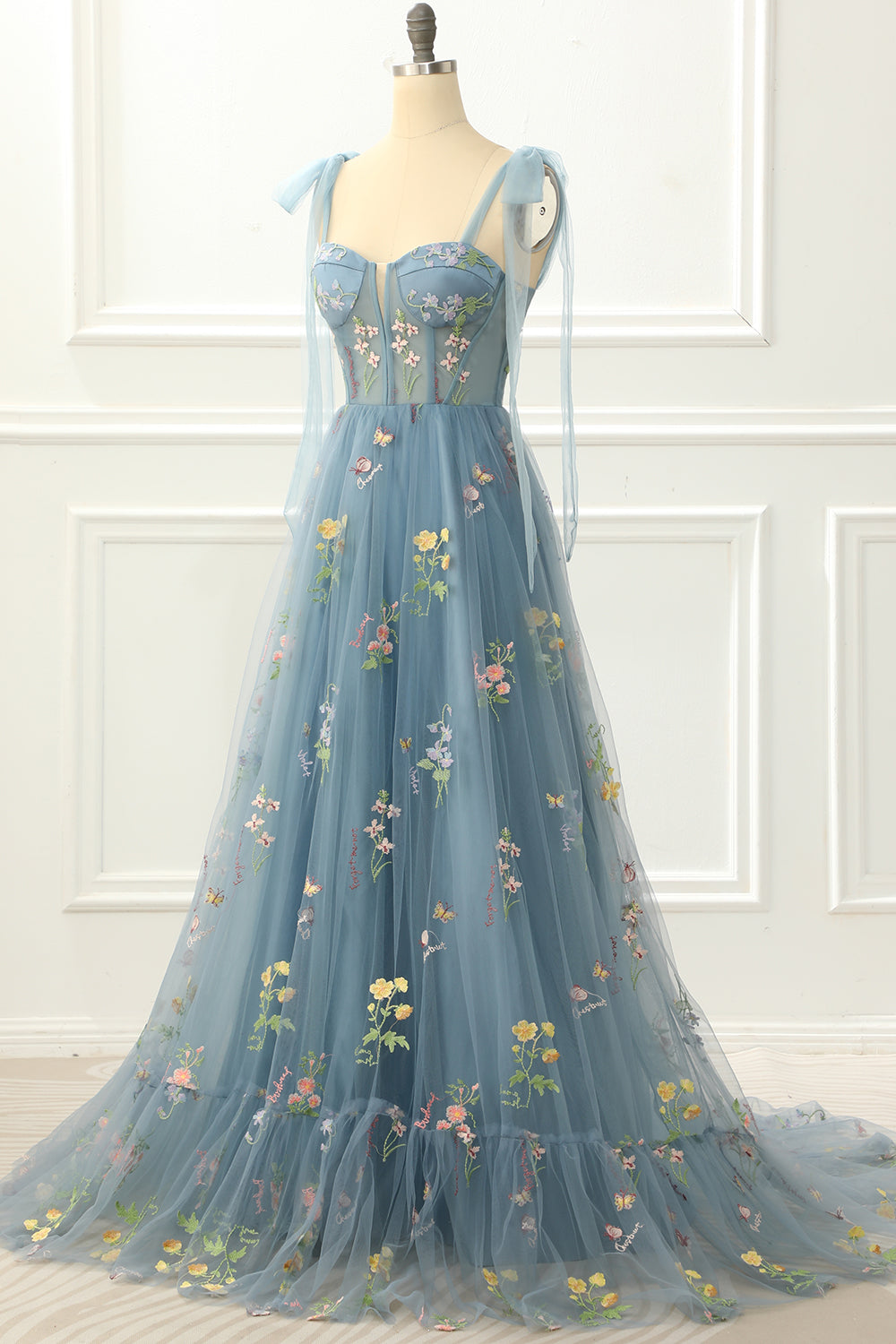 A-Linie Grau Blau Prinzessin Ballkleid Mit Stickerei Formelle Abendkleider