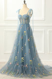 A-Linie Grau Blau Prinzessin Ballkleid Mit Stickerei Formelle Abendkleider