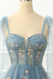 A-Linie Grau Blau Prinzessin Ballkleid Mit Stickerei Formelle Abendkleider