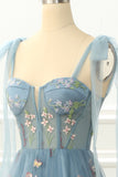 A-Linie Grau Blau Prinzessin Ballkleid Mit Stickerei Formelle Abendkleider