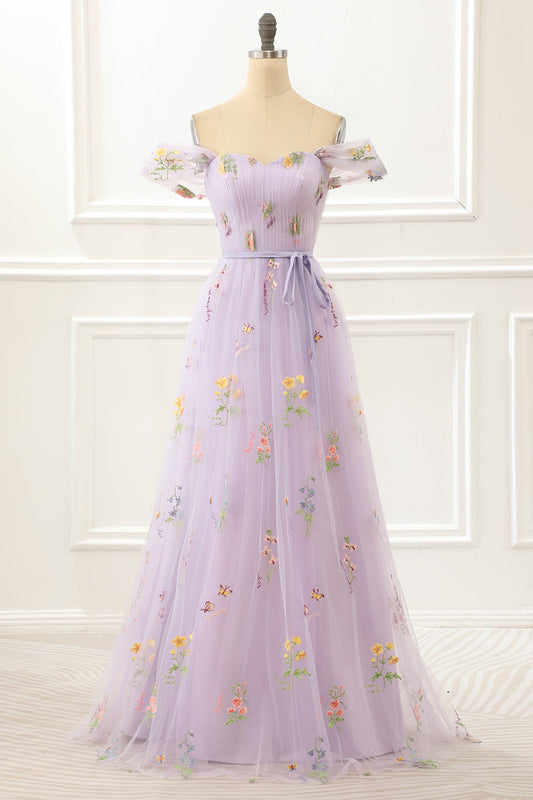 A-Linien-Tüll-Ballkleid mit schulterfreiem Lavendel und bestickten Abendkleidern