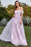 A-Linien-Tüll-Ballkleid mit schulterfreiem Lavendel und bestickten Abendkleidern