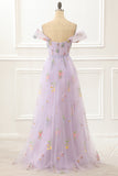 A-Linien-Tüll-Ballkleid mit schulterfreiem Lavendel und bestickten Abendkleidern
