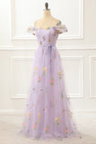A-Linien-Tüll-Ballkleid mit schulterfreiem Lavendel und bestickten Abendkleidern