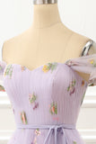 A-Linien-Tüll-Ballkleid mit schulterfreiem Lavendel und bestickten Abendkleidern