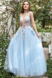 A-Linie Blau Prinzessin Ballkleid Mit Applikationen Formelle Abendkleider